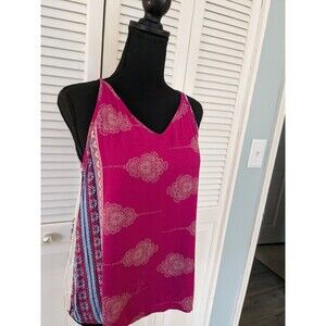 Renee C Women's sz S Rayon Camisole Pink Cream Blue Medallion Print Halter Style